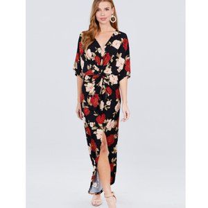 Short Dolman Sleeve V-neck Front Knot Maxi Dress